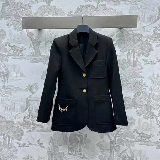 Blazer with logo hardware chain decoration