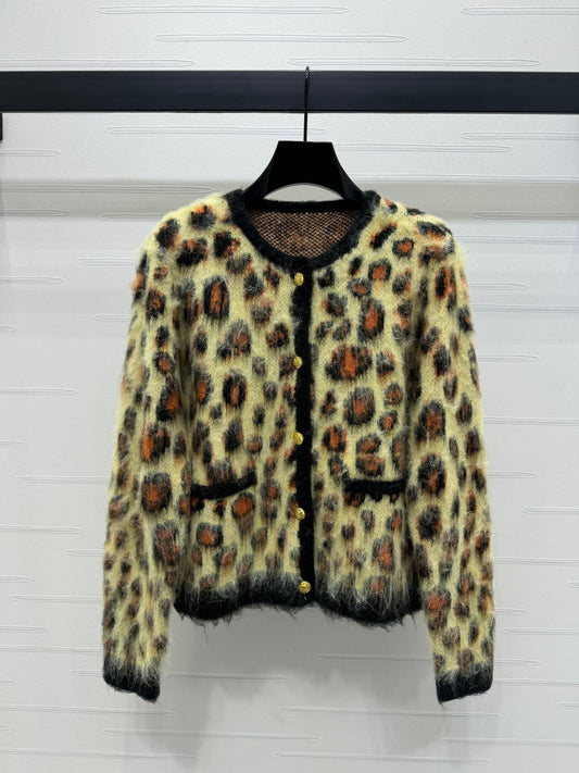 Leopard print crew neck cardigan