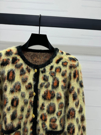 Leopard print crew neck cardigan