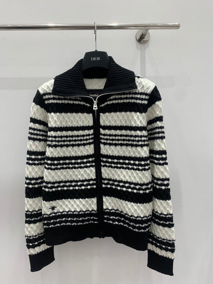 Black and white striped knitted cardigan