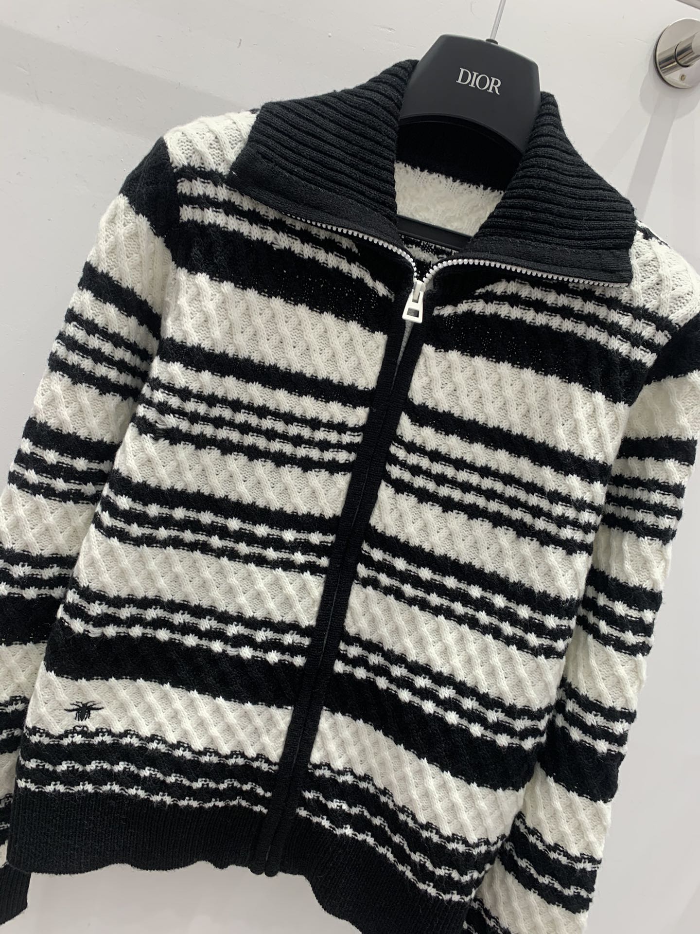 Black and white striped knitted cardigan