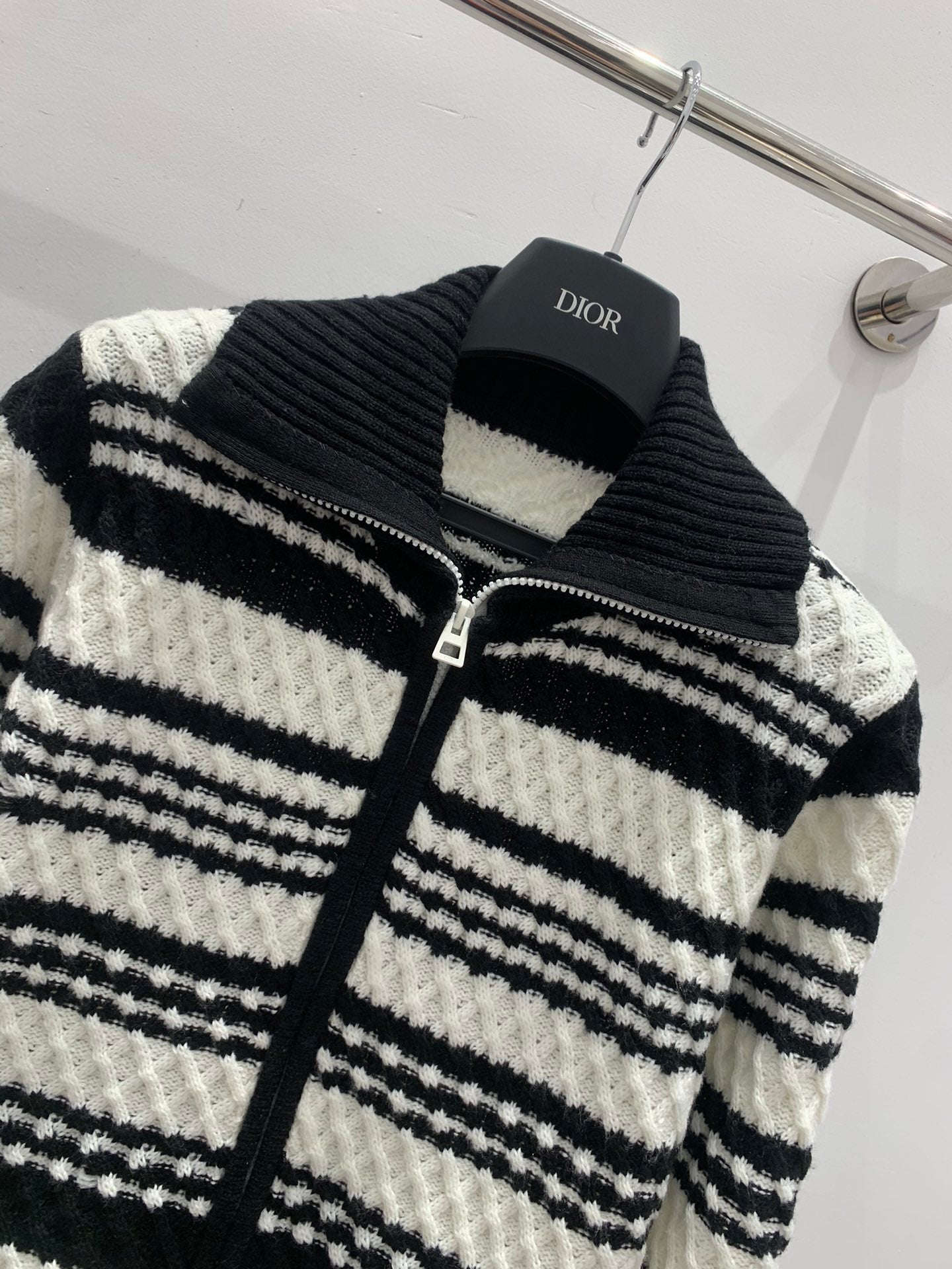 Black and white striped knitted cardigan