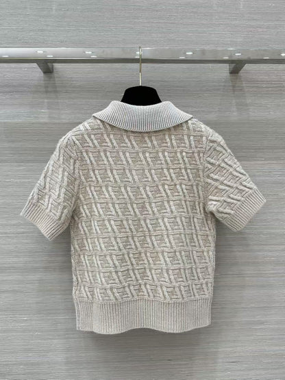 New Milk Tea Color Old Flower Double FF Knitted T-shirt