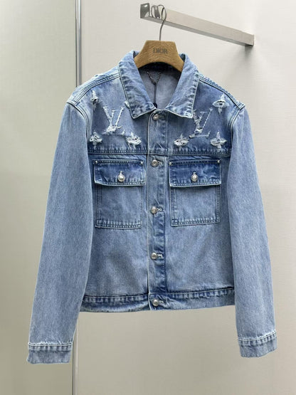 New cloud cutout distressed denim jacket