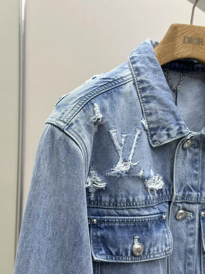 New cloud cutout distressed denim jacket