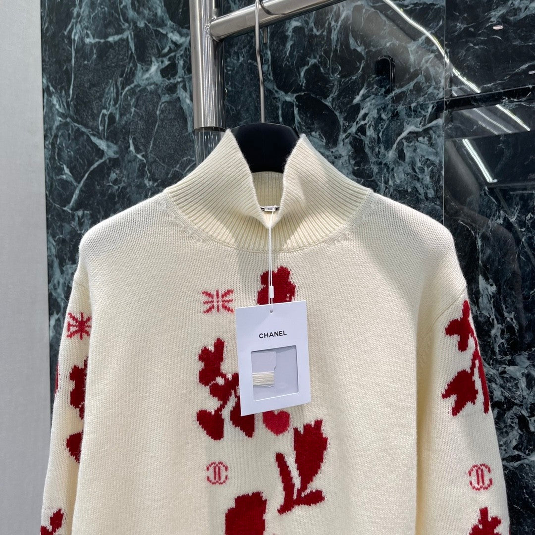 Ski series new autumn and winter high collar sweater with floral pattern