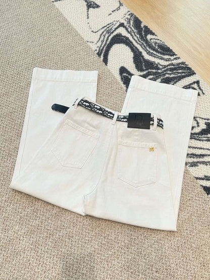 White jeans with logo on waist