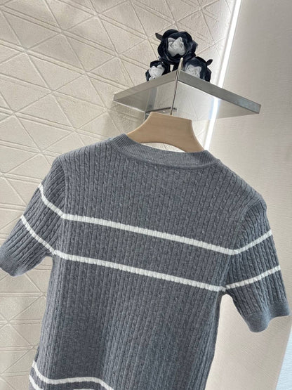 Letter jacquard striped twisted round neck knitted short sleeves