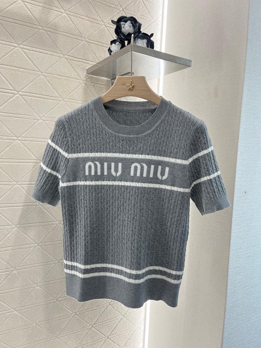 Letter jacquard striped twisted round neck knitted short sleeves