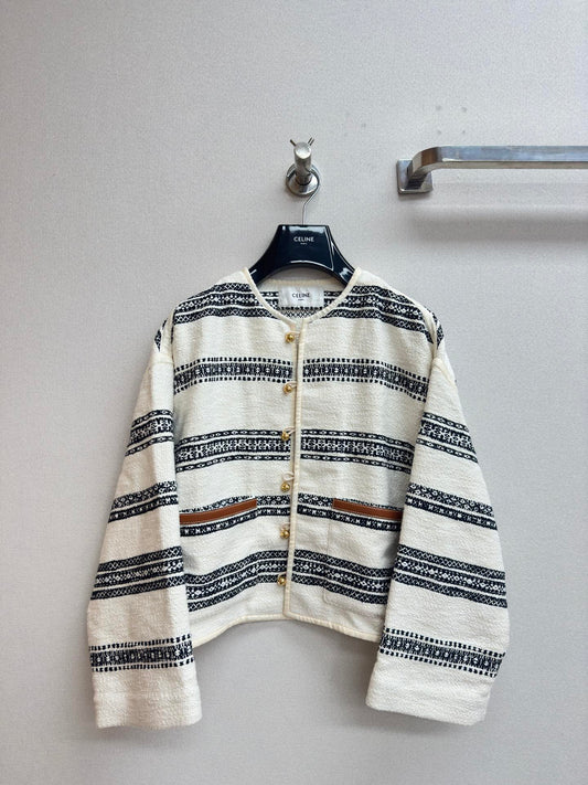 Round neck black and white striped single-row metal button pattern jacket